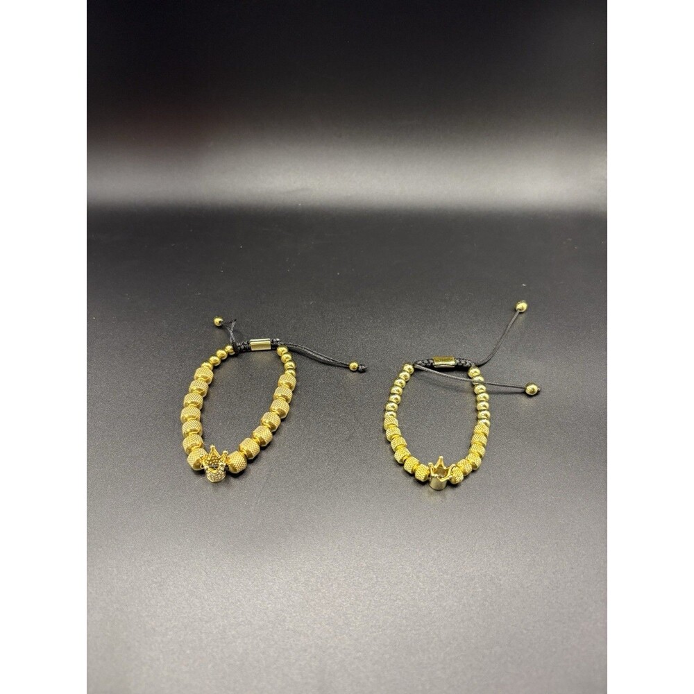 Set of 2 Gold Tone Crown Bead Bracelets Adjustable Hip Hop King Queen Jewelry